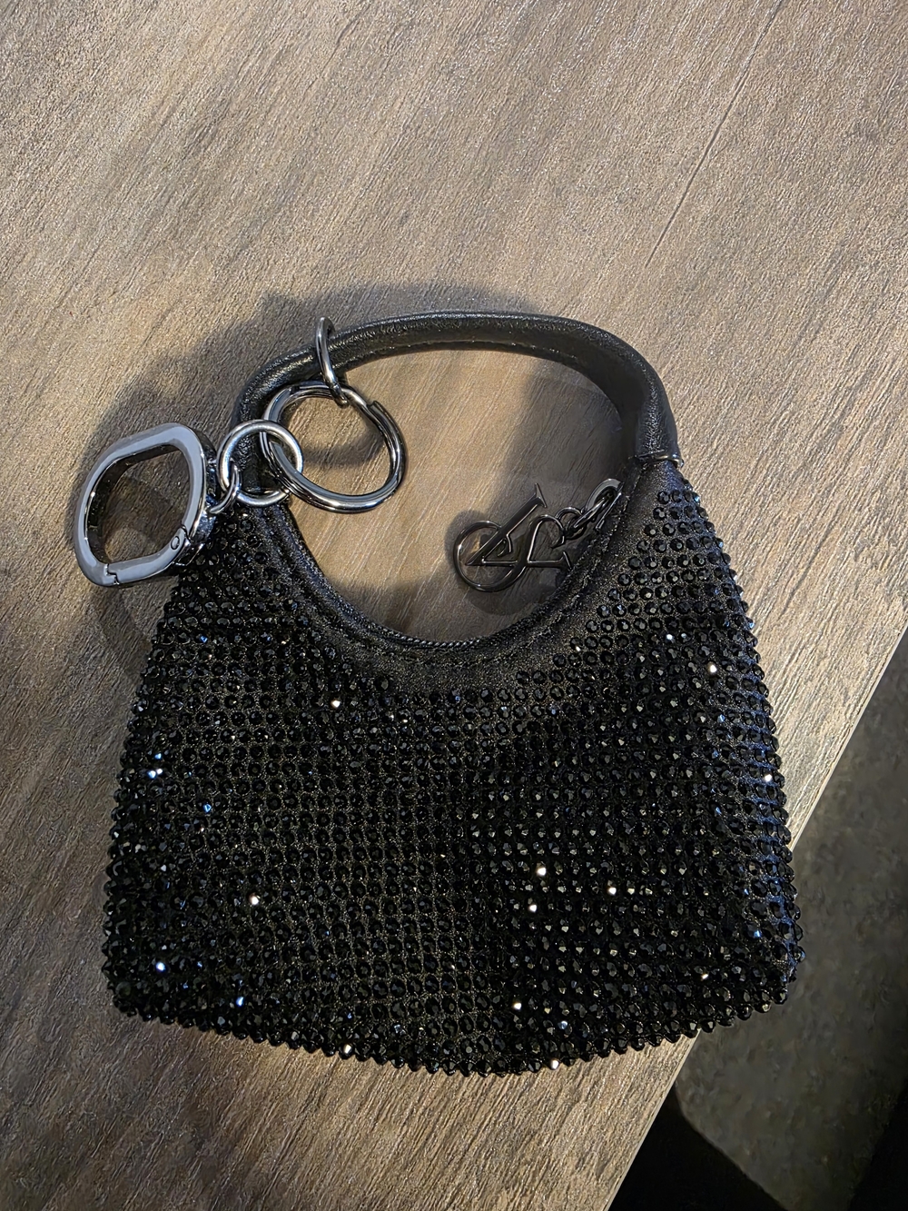 Black Crystal-Embellished Mini Keychain Purse